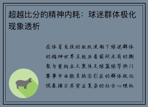 超越比分的精神内耗：球迷群体极化现象透析